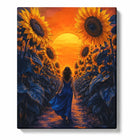Sunflower Paint by Numbers For Adults featuring woman in flowing blue dress walking through golden sunflower field toward glowing orange sunset