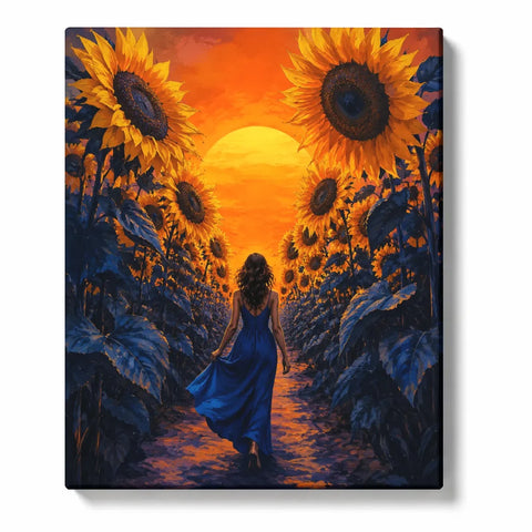 Sunflower Paint by Numbers For Adults featuring woman in flowing blue dress walking through golden sunflower field toward glowing orange sunset