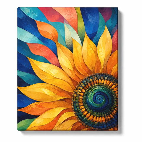 Sunflower Paint by Numbers For Adults featuring golden sunflower petals with spiral center and colorful modern floral design in blue orange and green tones