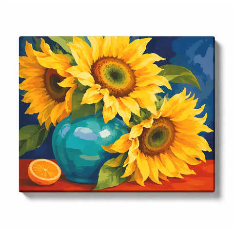 Sunflowers in a Turquoise Vase with an Orange Half artwork displayed on a white background