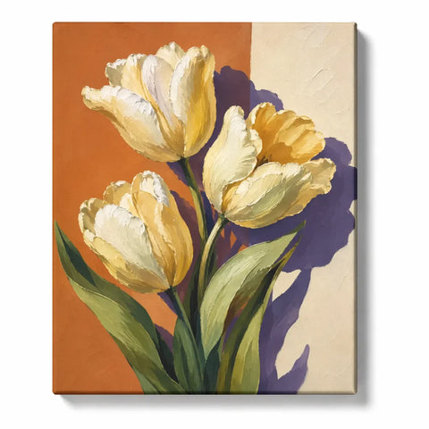 Paint by Numbers Tulips For Adults featuring three cream and golden tulip flowers with green leaves, terracotta background and dramatic purple sunlight shadows