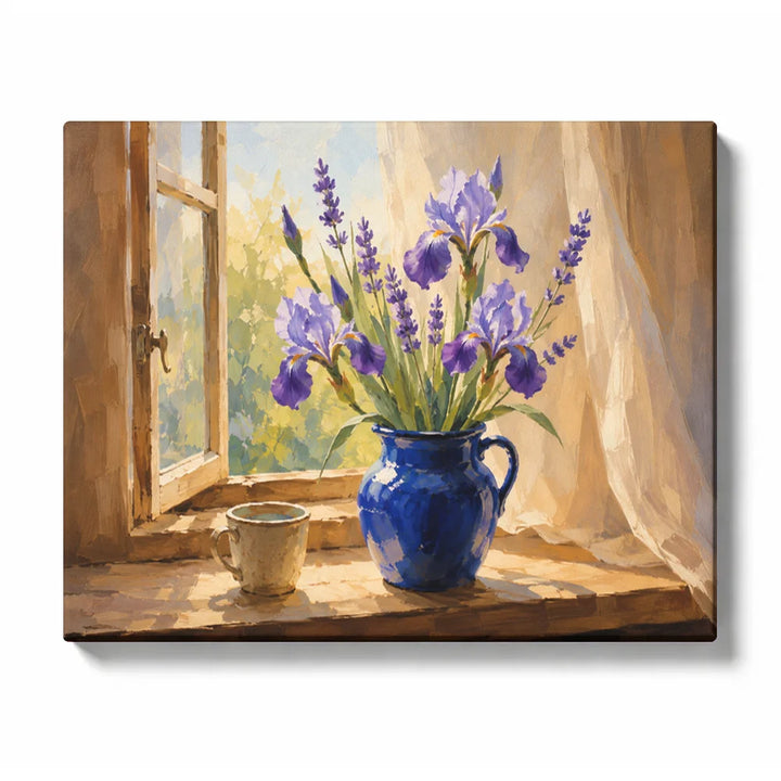 Purple irises and lavender in a blue jug on a sunlit windowsill