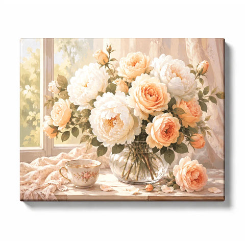 Cream Peonies and Peach Roses with a Floral Teacup artwork displayed on a white background