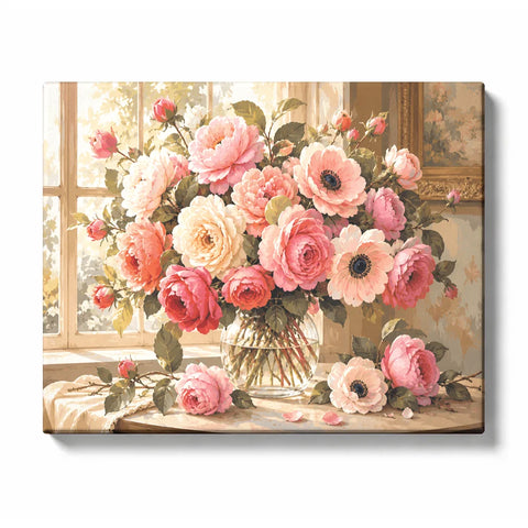 Pink Roses and Anemones with Cream Peonies and Tea artwork displayed on a white background