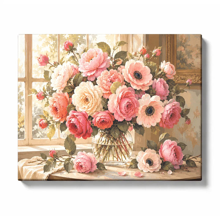 Pink Roses and Anemones with Cream Peonies and Tea artwork displayed on a white background