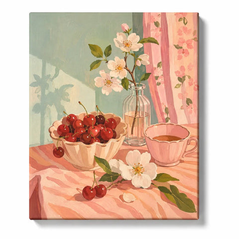 Red Cherries with White Blossoms and a Pink Teacup artwork displayed on a white background