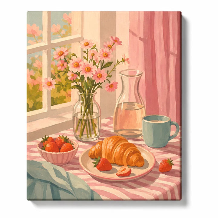 Pink Cosmos with Croissant and Strawberries at Breakfast artwork displayed on a white background