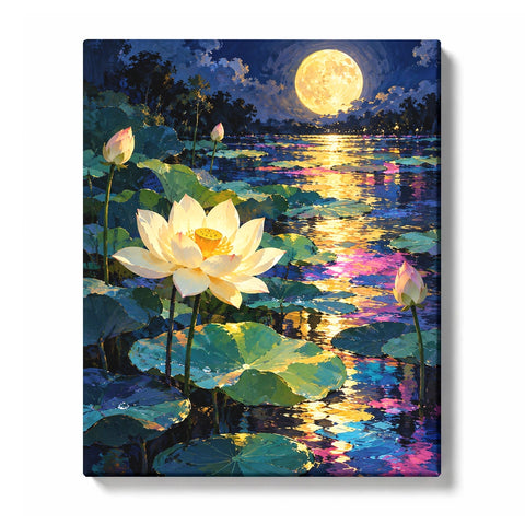 Ivory lotus flowers and green lily pads beneath a golden full moon, reflected in deep blue and pink pond water