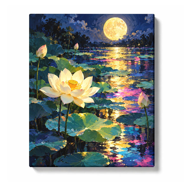 Ivory lotus flowers and green lily pads beneath a golden full moon, reflected in deep blue and pink pond water