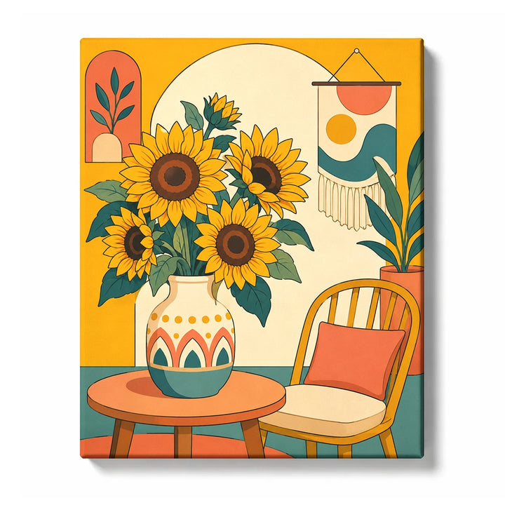 Sunflower Bouquet in a Warm Geometric Interior artwork displayed on a white background
