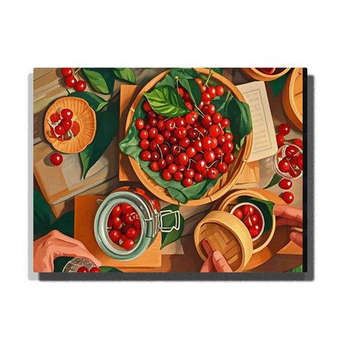 Top-down red cherry harvest scene with wooden basket, green leaves, glass jars, scattered cherries, paper notes, and warm kitchen tabletop details.