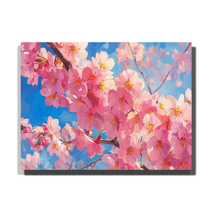Pink cherry blossoms blooming on slender branches against a clear blue sky in this Paint by Numbers artwork.