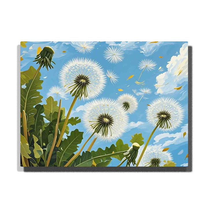 White dandelion seed heads on tall green stems against a bright blue sky with drifting seeds and soft clouds in this Paint by Numbers artwork.