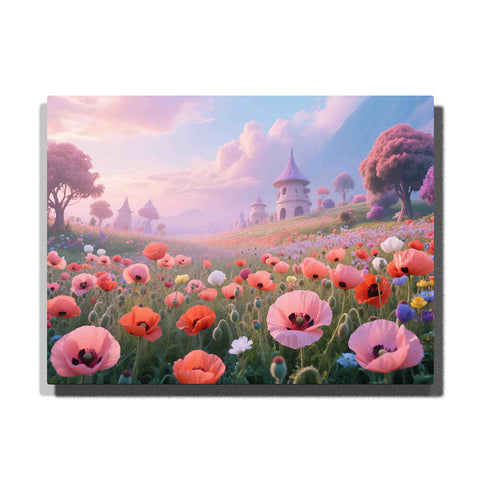 A pink poppy meadow filled with soft wildflowers, rolling hills, and a dreamy cottage beneath a pastel sunset sky in this Paint by Numbers artwork.