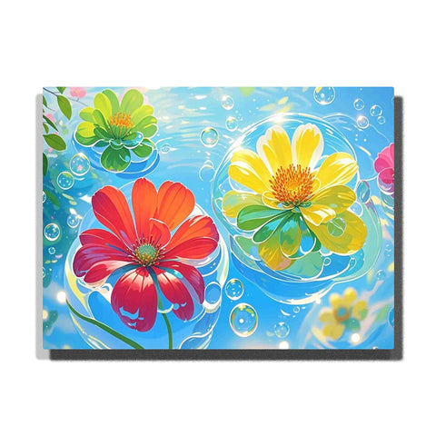 Red and yellow flowers floating on bright blue water with green lily pads, bubbles, and swirling reflections in this Paint by Numbers artwork.