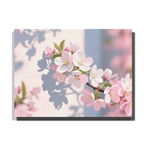 Pink and white cherry blossoms blooming on a slender branch with soft floral shadows on a pale sunlit background in this Paint by Numbers artwork.