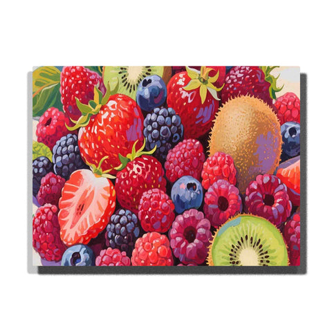 Mixed fruit pattern with strawberries, raspberries, blueberries, blackberries, kiwi slices, and golden kiwi, featuring bold colors, seeds, and glossy highlights.