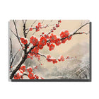 Red plum blossoms clustered on dark branches above a misty gray mountain landscape in this Paint by Numbers artwork.