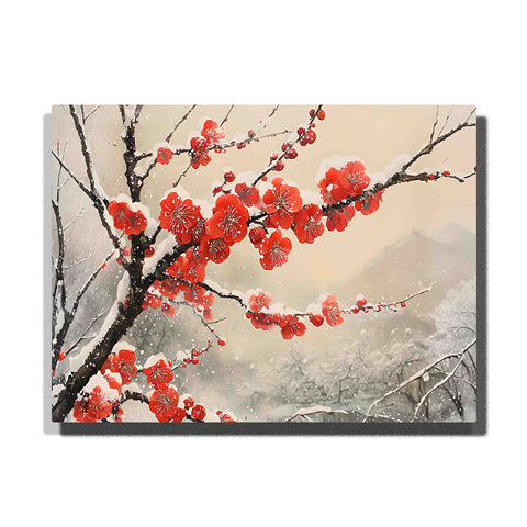 Red plum blossoms clustered on dark branches above a misty gray mountain landscape in this Paint by Numbers artwork.