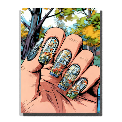 Autumn botanical nail art with miniature floral landscapes, golden trees, woodland scenery, and decorative still life Paint by Numbers artwork.