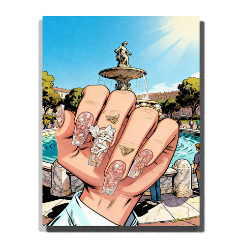 Hand with long coffin nails featuring delicate pink floral designs, pearls, gold butterflies and cherub, set against sunny European fountain square with classical statue — PaintEasy Home Decor - Still Life Paint by Numbers artwork
