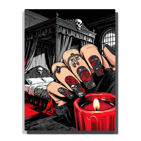 Hand with long black coffin nails featuring red roses, skulls, crosses and chains, set in a dark gothic bedroom with canopy bed, skulls and glowing red candle — PaintEasy Home Decor - Still Life Paint by Numbers artwork