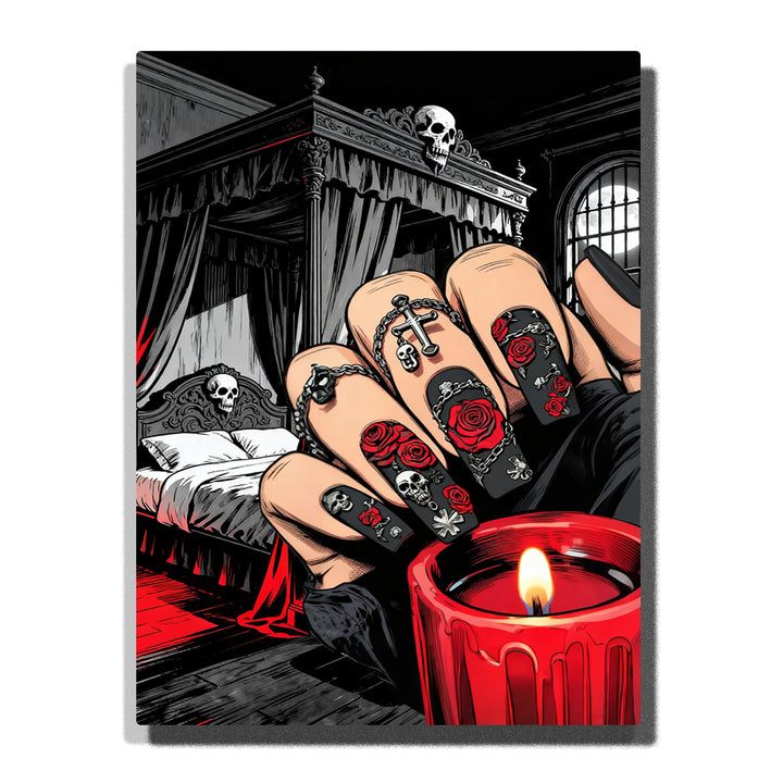Hand with long black coffin nails featuring red roses, skulls, crosses and chains, set in a dark gothic bedroom with canopy bed, skulls and glowing red candle — PaintEasy Home Decor - Still Life Paint by Numbers artwork