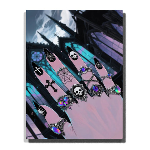 Pink hand with long stiletto nails featuring gothic skull, spiderweb, cross designs and ornate rings with colorful gems, set against dramatic gothic cathedral stained glass background — PaintEasy Home Decor - Still Life Paint by Numbers artwork
