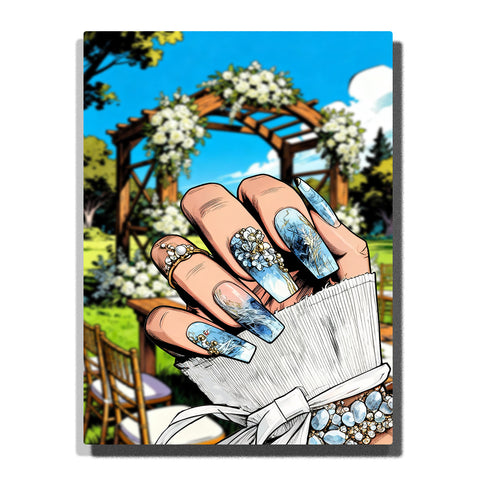 Hand with long coffin nails featuring elegant blue and white wedding floral designs with pearls, crystals and lace details, set against sunny outdoor wedding arch with white flowers — PaintEasy Home Decor - Still Life Paint by Numbers artwork