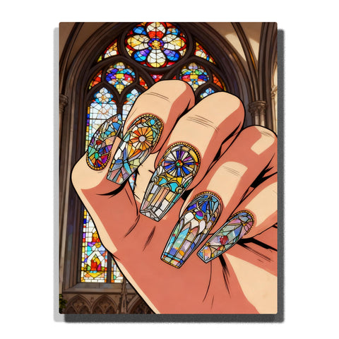 Stained Glass Nail Art Paint by Numbers For Adults featuring five cathedral-inspired nail designs with colorful Gothic windows, rose motifs and jewel-toned geometric patterns