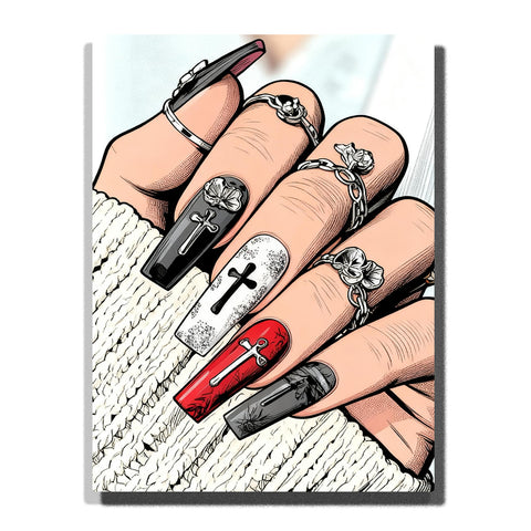 Hand with long coffin nails featuring gothic designs including black and red crosses, skull with roses, glitter accents, and silver skull rings with chains, set against white knitted fabric — PaintEasy Home Decor - Still Life Paint by Numbers artwork