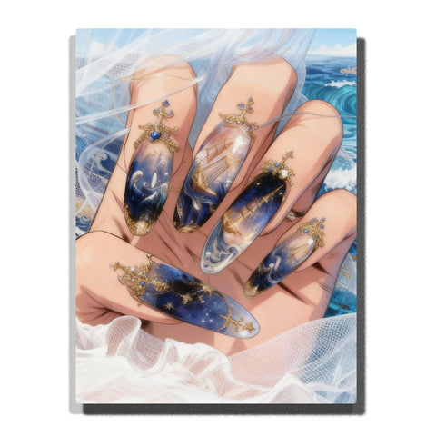 Ocean Wave and Sailing Ship Nail Art Fashion Paint by Numbers For Adults featuring five navy blue nails with miniature ships, waves, stars, gold jewelry and gemstones