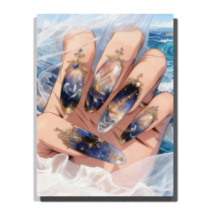 Ocean Wave and Sailing Ship Nail Art Fashion Paint by Numbers For Adults featuring five navy blue nails with miniature ships, waves, stars, gold jewelry and gemstones
