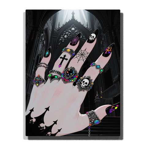 Gothic hand with long black stiletto nails featuring spider web, white skull, cross with purple accent and colorful symbols, adorned with ornate skull rings and vibrant gemstones in teal, purple, green, blue and rainbow dots, plus chain bracelet with blue gem, set against dramatic gothic cathedral interior with towering arches and light beams — PaintEasy Home Decor - Still Life Paint by Numbers artwork