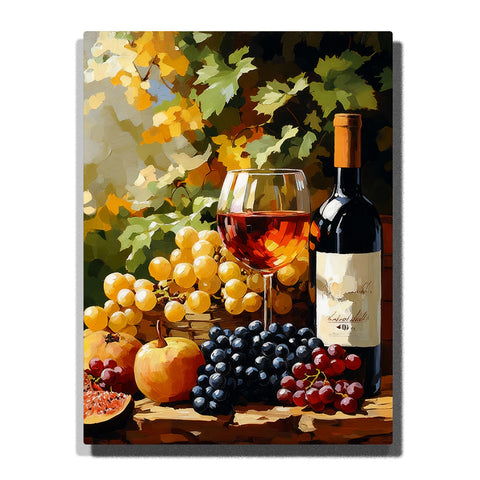 Wine bottle and red wine glass still life with golden grapes, purple grapes, autumn leaves, and warm vineyard lighting Paint by Numbers wall art.