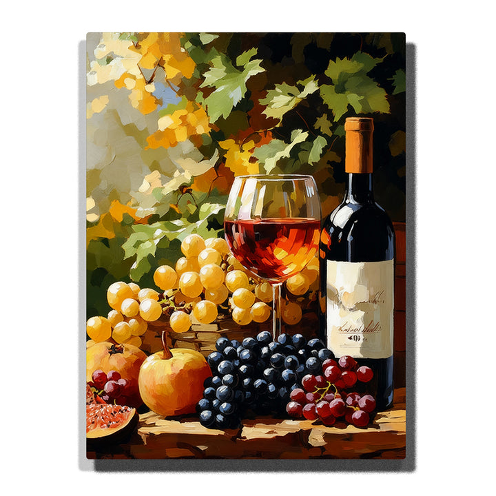 Wine bottle and red wine glass still life with golden grapes, purple grapes, autumn leaves, and warm vineyard lighting Paint by Numbers wall art.