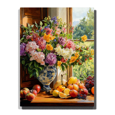 Window table still life with colorful flower bouquet, peaches, grapes, citrus slices, ceramic vase, wooden table, and garden view Paint by Numbers wall art.