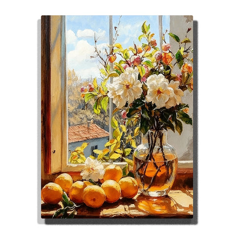 Sunlit window still life with fresh oranges, white blossom flowers, glass vase, green leaves, wooden sill, and countryside view Paint by Numbers wall art.