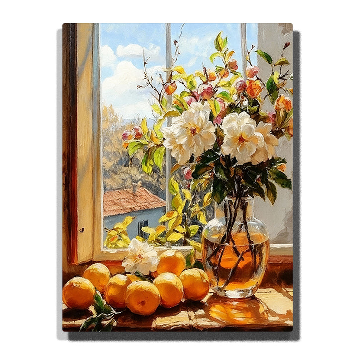 Sunlit window still life with fresh oranges, white blossom flowers, glass vase, green leaves, wooden sill, and countryside view Paint by Numbers wall art.