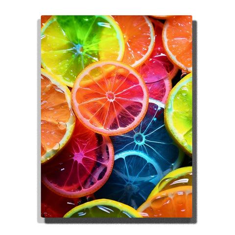 Colorful citrus slices in sparkling liquid with orange, lime, lemon, grapefruit, water droplets, and glossy close-up Paint by Numbers wall art.