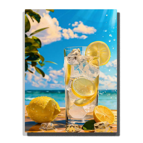 Iced lemonade glass with lemon slices, fresh lemons, ice cubes, blue ocean view, sunny sky, and wooden table Paint by Numbers wall art.