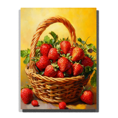 Woven basket filled with ripe red strawberries, green leaves, scattered berries, and warm golden background Paint by Numbers wall art.