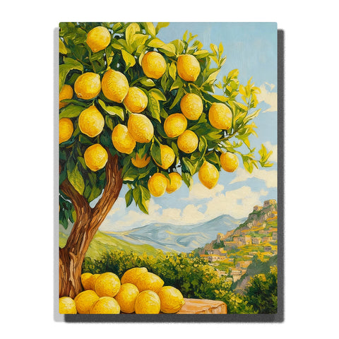 Lemon tree harvest with bright yellow lemons, green leaves, mountain village view, blue sky, and sunny countryside Paint by Numbers wall art.