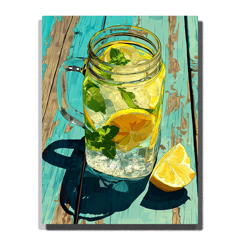 Lemon mint drink in a clear mason jar with ice, citrus slices, fresh mint, lemon wedge, and turquoise wooden table Paint by Numbers wall art.