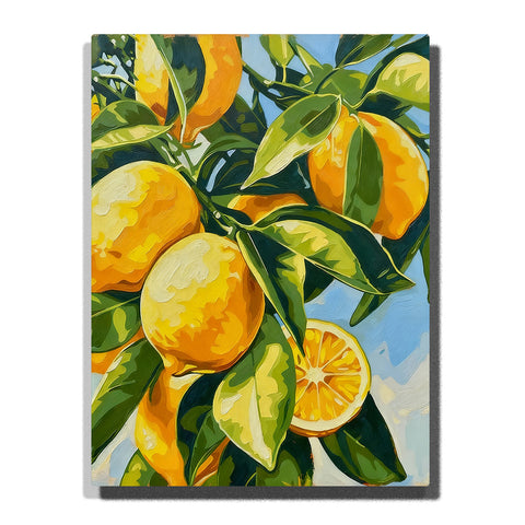 Close-up lemon branch with bright yellow lemons, glossy green leaves, sliced citrus, and blue sky background Paint by Numbers wall art.
