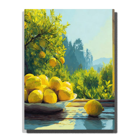 Sunlit lemon harvest still life with fresh lemons on wooden table, lemon tree, green garden view, and distant blue mountains Paint by Numbers wall art.