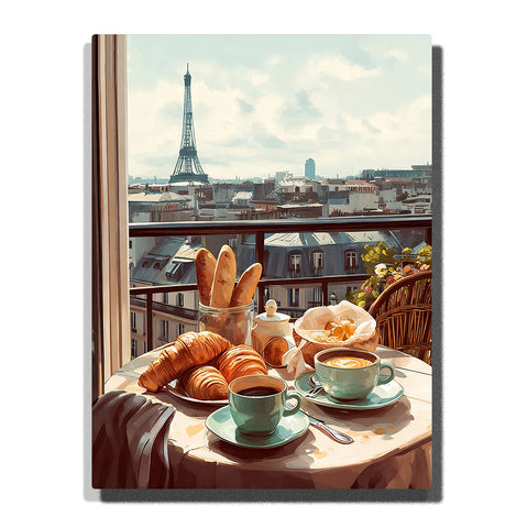Paris balcony breakfast with croissants, baguettes, coffee cups, pastries, flowers, and Eiffel Tower city view Paint by Numbers wall art.