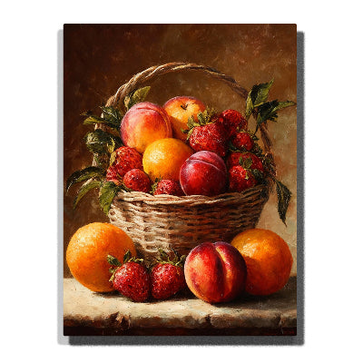 Rustic fruit basket still life with strawberries, peaches, plums, and oranges on warm tabletop in golden lighting Paint by Numbers wall art.