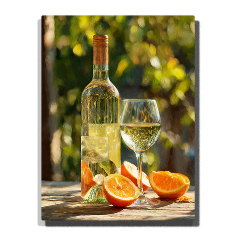 White wine bottle and glass with fresh orange slices on rustic table in sunlit outdoor still life Paint by Numbers wall art.