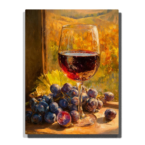 Red wine glass still life with purple grapes on rustic tabletop under warm golden light Paint by Numbers wall art.
